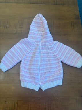 Kissy Kissy Pink & White Knit Hooded Baby Cardigan with Back Zipper Closure